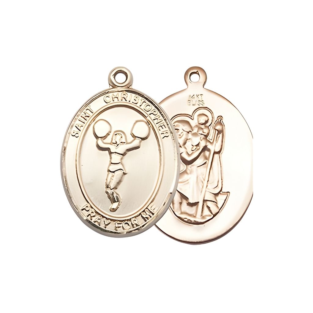 Bliss St. Christopher Cheerleading 14kt Gold Oval Medal in a Gift Box, Measures 1-inch tall by 3/4-inch wide.