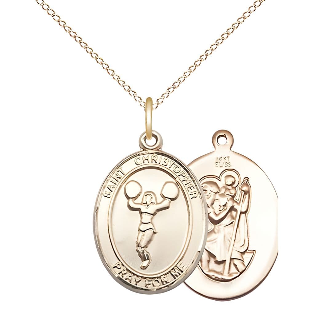 Bliss St. Christopher Cheerleading 14kt Gold Oval Medal with 14kt Gold Chain in a Gift Box, Measures 1-inch tall by 3/4-inch wide.