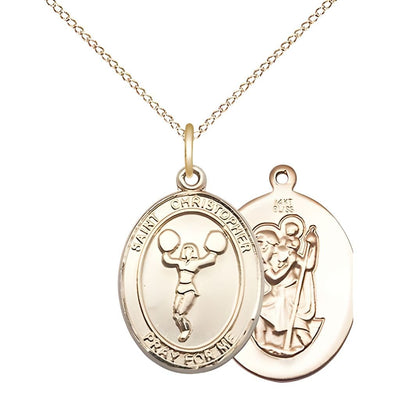 St. Christopher Cheerleading 14kt Gold Oval Medal with 14kt Gold Chain in a Gift Box, Measures 1-inch tall by 3/4-inch wide shown in gift box, Bliss Manufacturing