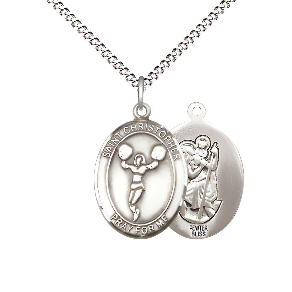 St. Christopher Cheerleading Pewter Oval Medal with Rhodium-plated Heavy Curb Chain, Measures 3/4-inch tall by 1/2-inch wide.