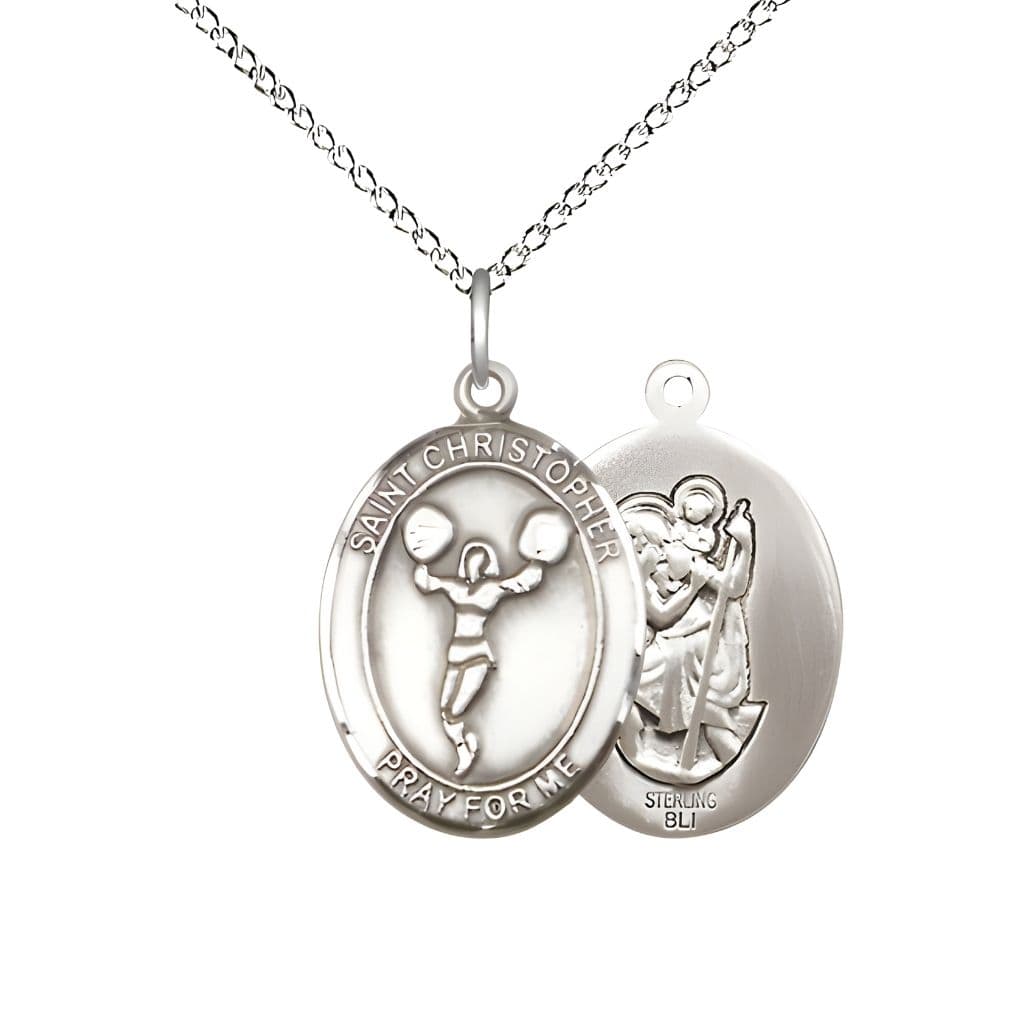 Bliss St. Christopher Cheerleading Sterling Silver Medal with Sterling Silver Chain, Medal Measures 3/4-inch tall by 1/2-inch wide.