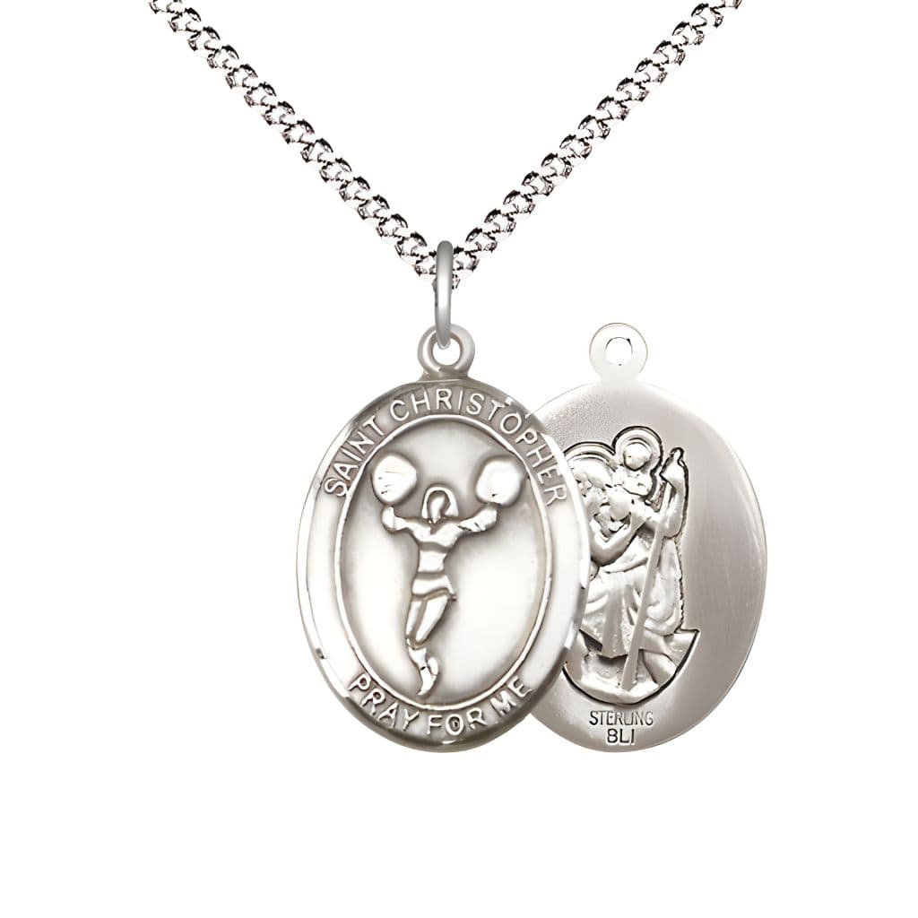 Bliss St. Christopher Cheerleading Sterling Silver Medal with Plated Chain, Medal Measures 3/4-inch tall by 1/2-inch wide.