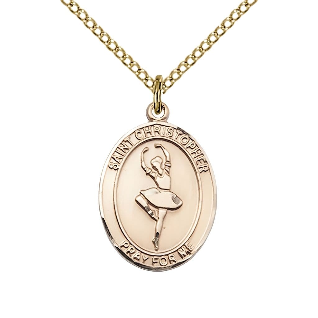 St. Christopher Ballerina Dance Gold-filled Medal with gold-filled chain and optional engraving, measures 3/4-inch tall by 1/2-inch wide.