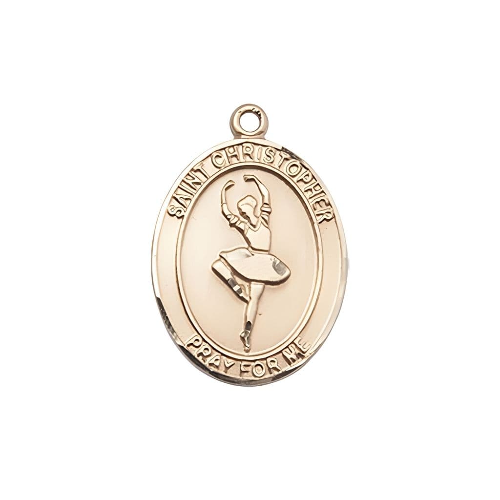 St. Christopher Ballerina Dance 14kt Gold Medal with optional engraving, measures 3/4-inch tall by 1/2-inch wide.