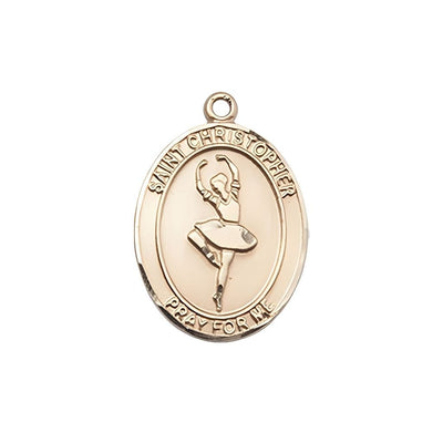 St. Christopher Ballerina Dance 14kt Gold Medal with optional engraving, measures 3/4-inch tall by 1/2-inch wide, Bliss Manufacturing
