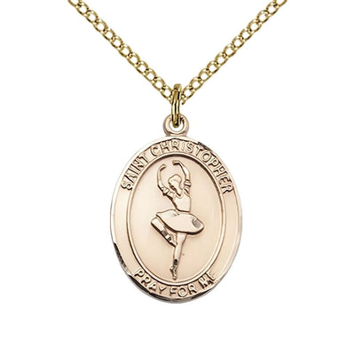 St. Christopher Ballerina Dance 14kt Gold Medal with 14kt gold chain and optional engraving, measures 3/4-inch tall by 1/2-inch wide, Bliss Manufacturing