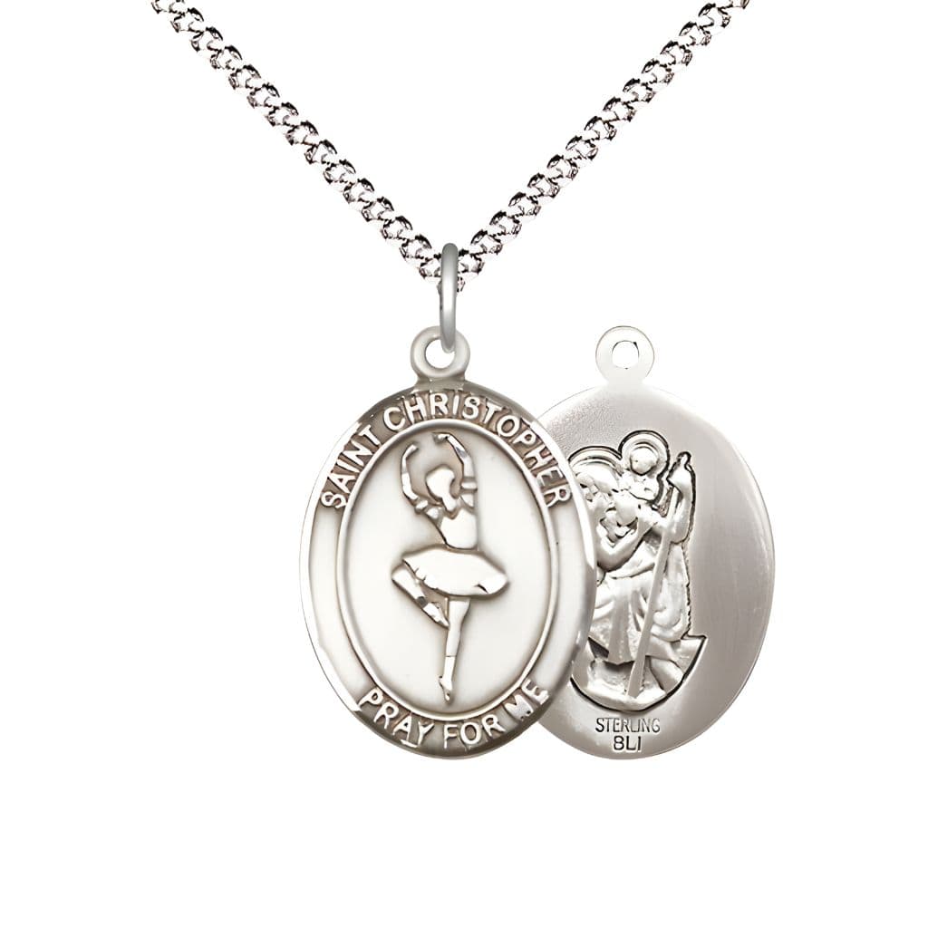 St. Christopher Ballerina Dance Sterling Silver Medal with plated chain and optional engraving, measures 3/4-inch tall by 1/2-inch wide.