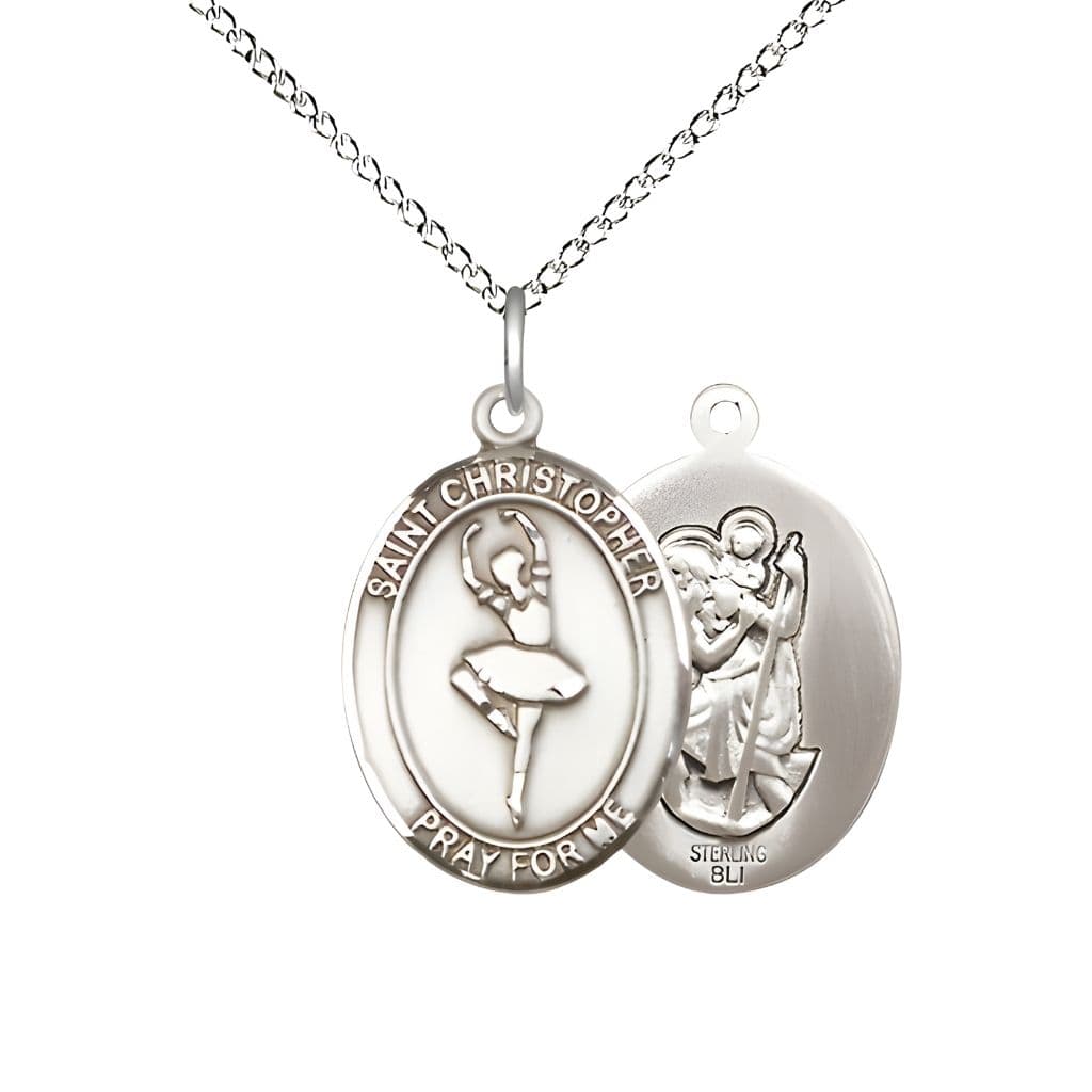 St. Christopher Ballerina Dance Sterling Silver Medal with sterling chain and optional engraving, measures 3/4-inch tall by 1/2-inch wide.