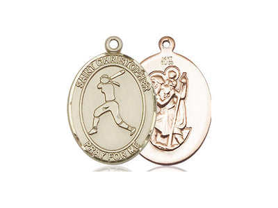 St Christopher Softball Catholic Patron Saint Medal, 14kt gold, Bliss Manufacturing