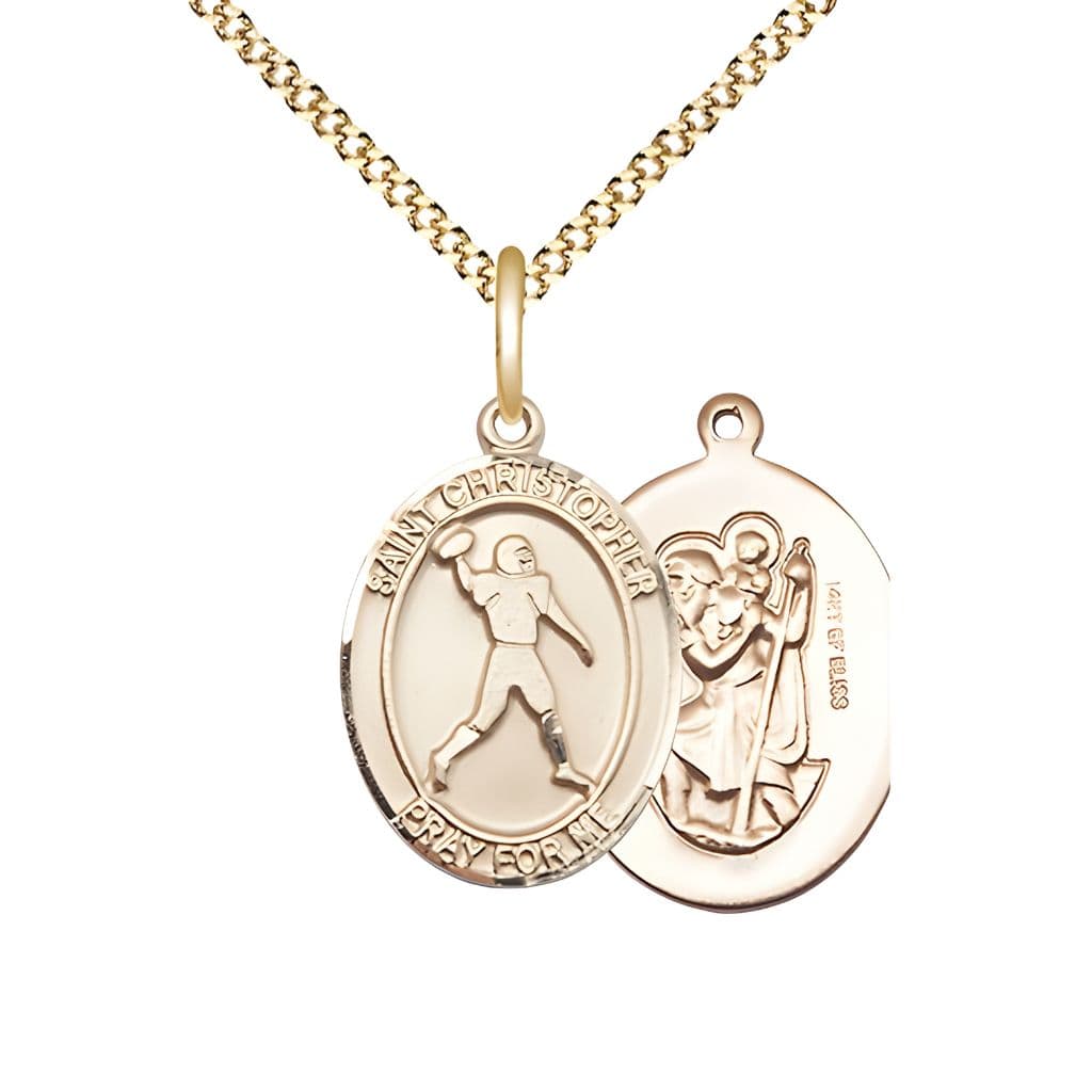 Bliss Football St. Christopher 14kt Gold-filled Oval Medal Pendant with Gold-plated Chain, Measures 3/4-inch tall by 1/2-inch wide.