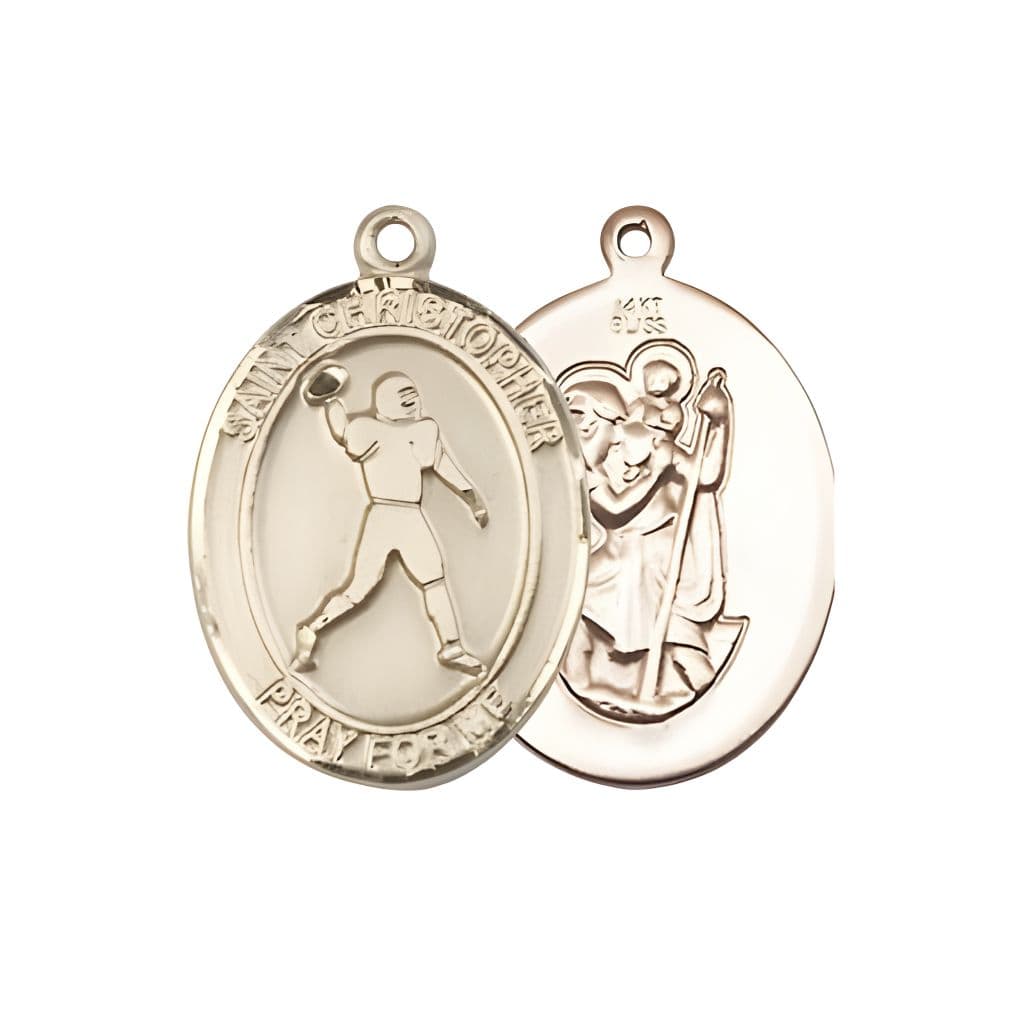 Bliss Football St. Christopher 14kt Gold Oval Medal Pendant, Measures 3/4-inch tall by 1/2-inch wide.
