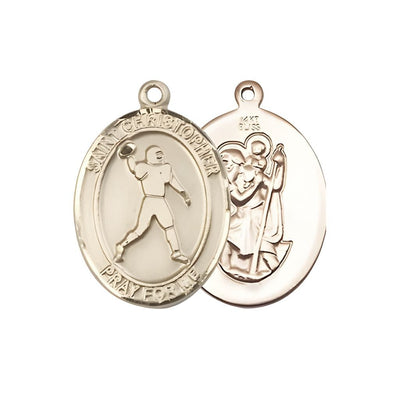 Football St. Christopher 14kt Gold Oval Medal Pendant, Measures 3/4-inch tall by 1/2-inch wide, Bliss Manufacturing