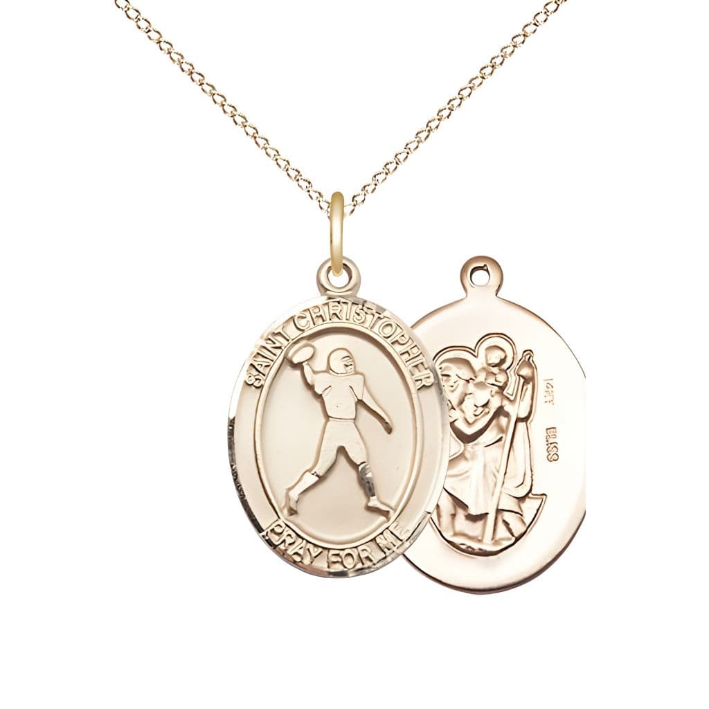 Bliss Football St. Christopher 14kt Gold Oval Medal Pendant with 14kt Gold Chain, Measures 3/4-inch tall by 1/2-inch wide.