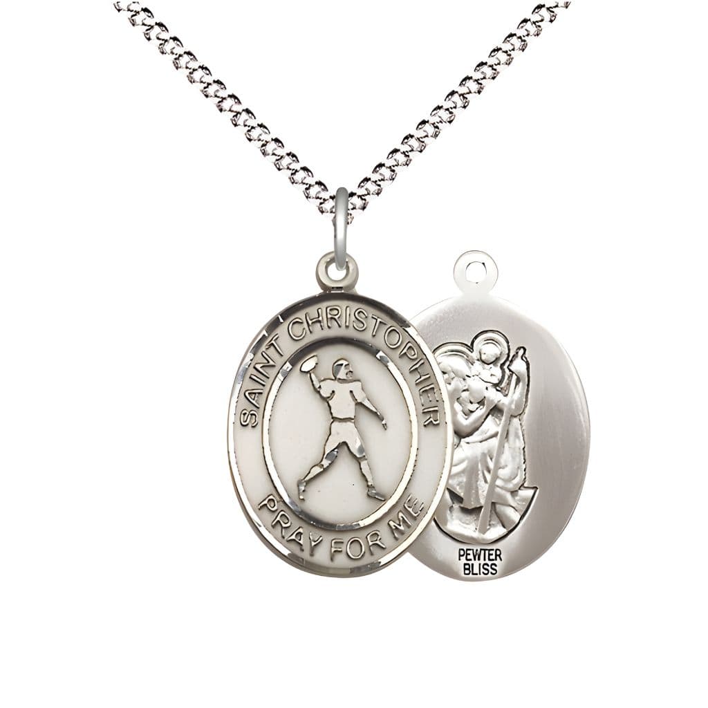 Bliss Football St. Christopher Pewter Oval Medal Pendant with Rhodium-plated Chain, Measures 3/4-inch tall by 1/2-inch wide.