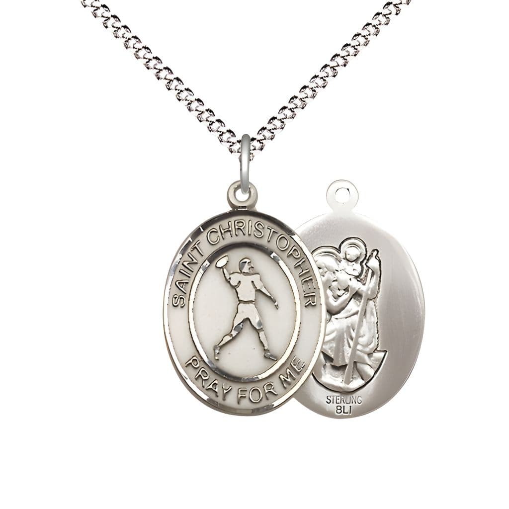 Bliss Football St. Christopher Sterling Silver Oval Medal Pendant with Rhodium-plated Chain, Measures 3/4-inch tall by 1/2-inch wide.