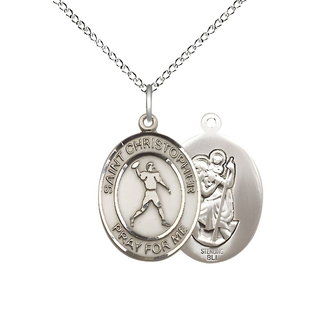 Bliss Football St. Christopher Sterling Silver Oval Medal Pendant with Sterling Chain, Measures 3/4-inch tall by 1/2-inch wide.