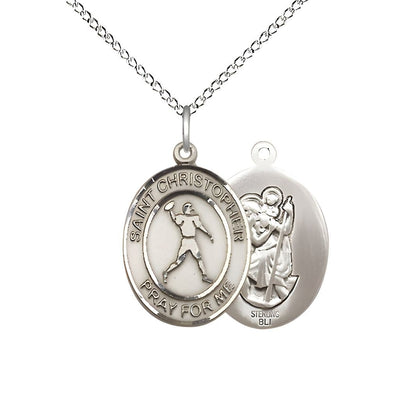 Football St. Christopher Sterling Silver Oval Medal Pendant with Sterling Chain, Measures 3/4-inch tall by 1/2-inch wide, Bliss Manufacturing