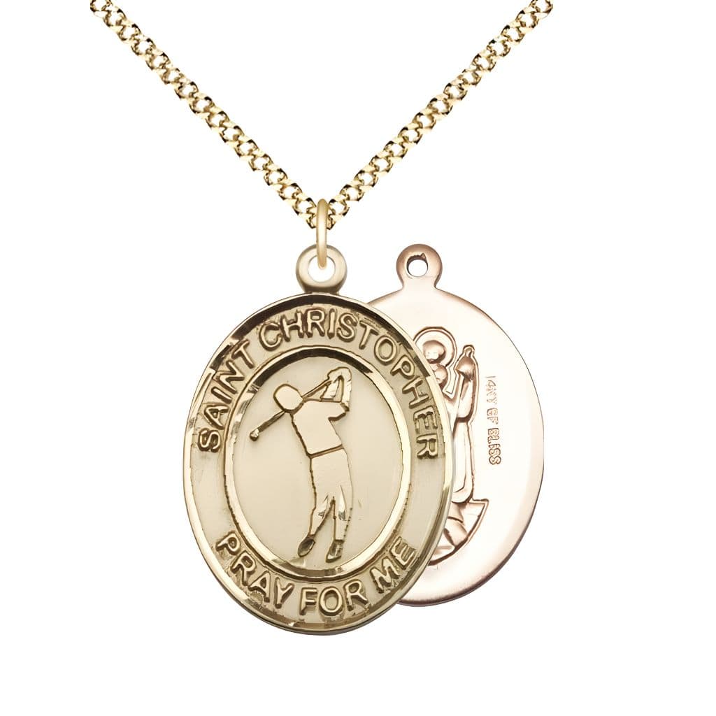 Bliss Golf St. Christopher 14kt Gold-filled Oval Medal Pendant with Gold-plated Chain, Measures 3/4-inch tall by 1/2-inch wide.