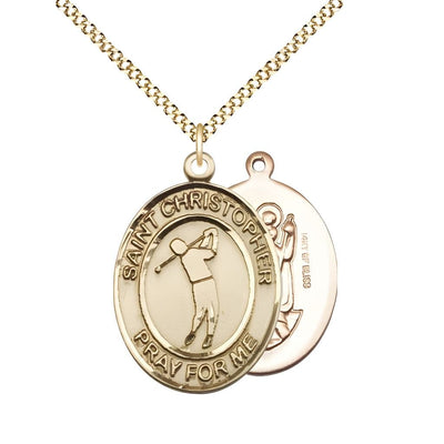 Golf St. Christopher 14kt Gold-filled Oval Medal Pendant with Gold-plated Chain, Measures 3/4-inch tall by 1/2-inch wide, Bliss Manufacturing