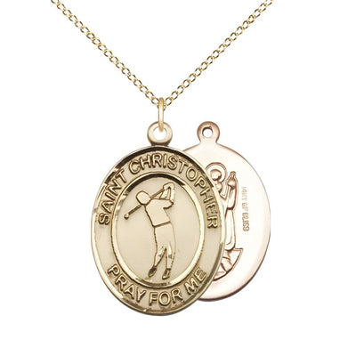Golf St. Christopher 14kt Gold-filled Oval Medal Pendant with Gold-filled Chain, Measures 3/4-inch tall by 1/2-inch wide, Bliss Manufacturing