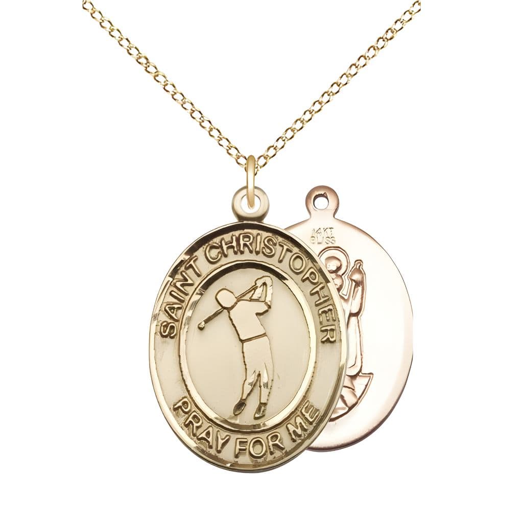 Bliss Golf St. Christopher 14kt Gold Oval Medal Pendant with 14kt Gold Chain, Measures 3/4-inch tall by 1/2-inch wide.
