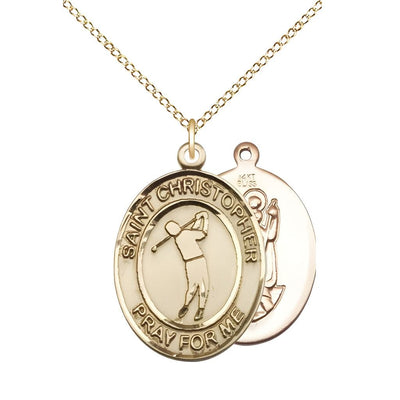 Golf St. Christopher 14kt Gold Oval Medal Pendant with 14kt Gold Chain, Measures 3/4-inch tall by 1/2-inch wide, Bliss Manufacturing