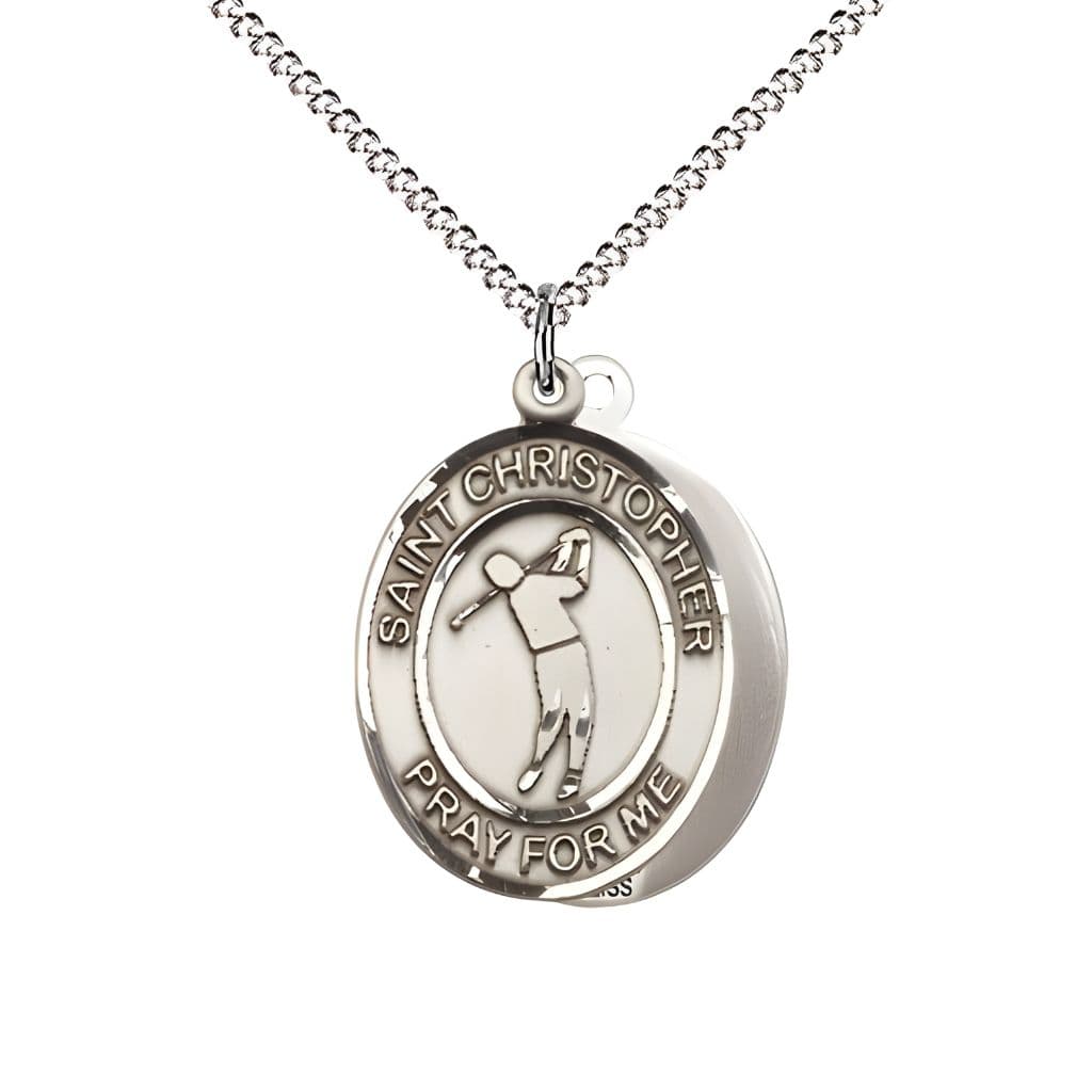 Bliss Golf St. Christopher Sterling Silver Oval Medal Pendant with Rhodium-plated Chain, Measures 3/4-inch tall by 1/2-inch wide.