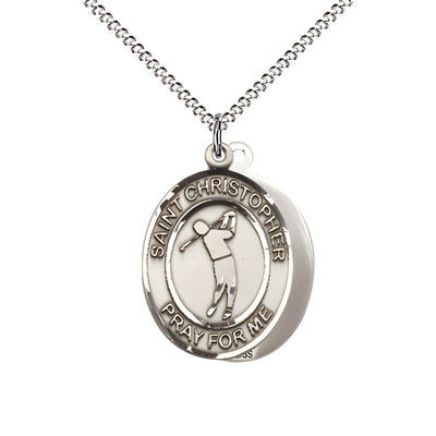 Golf St. Christopher Sterling Silver Oval Medal Pendant with Rhodium-plated Chain, Measures 3/4-inch tall by 1/2-inch wide, Bliss Manufacturing