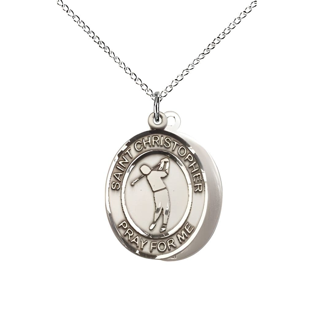 Bliss Golf St. Christopher Sterling Silver Oval Medal Pendant with Sterling Silver Chain, Measures 3/4-inch tall by 1/2-inch wide.