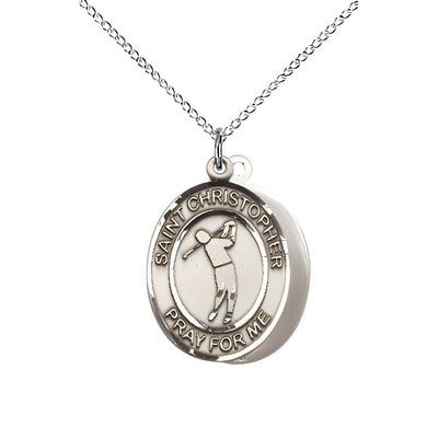Golf St. Christopher Sterling Silver Oval Medal Pendant with Sterling Silver Chain, Measures 3/4-inch tall by 1/2-inch wide, Bliss Manufacturing