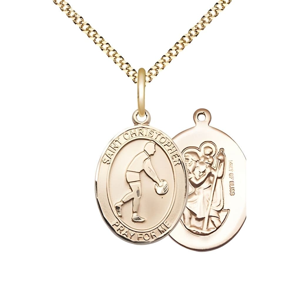 Bliss Basketball St. Christopher 14kt Gold-filled Oval Medal Pendant with Gold-plated Chain, Measures 3/4-inch tall by 1/2-inch wide.