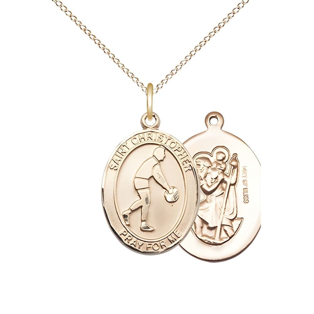 Bliss Basketball St. Christopher 14kt Gold-filled Oval Medal Pendant with Gold-filled Chain, Measures 3/4-inch tall by 1/2-inch wide.