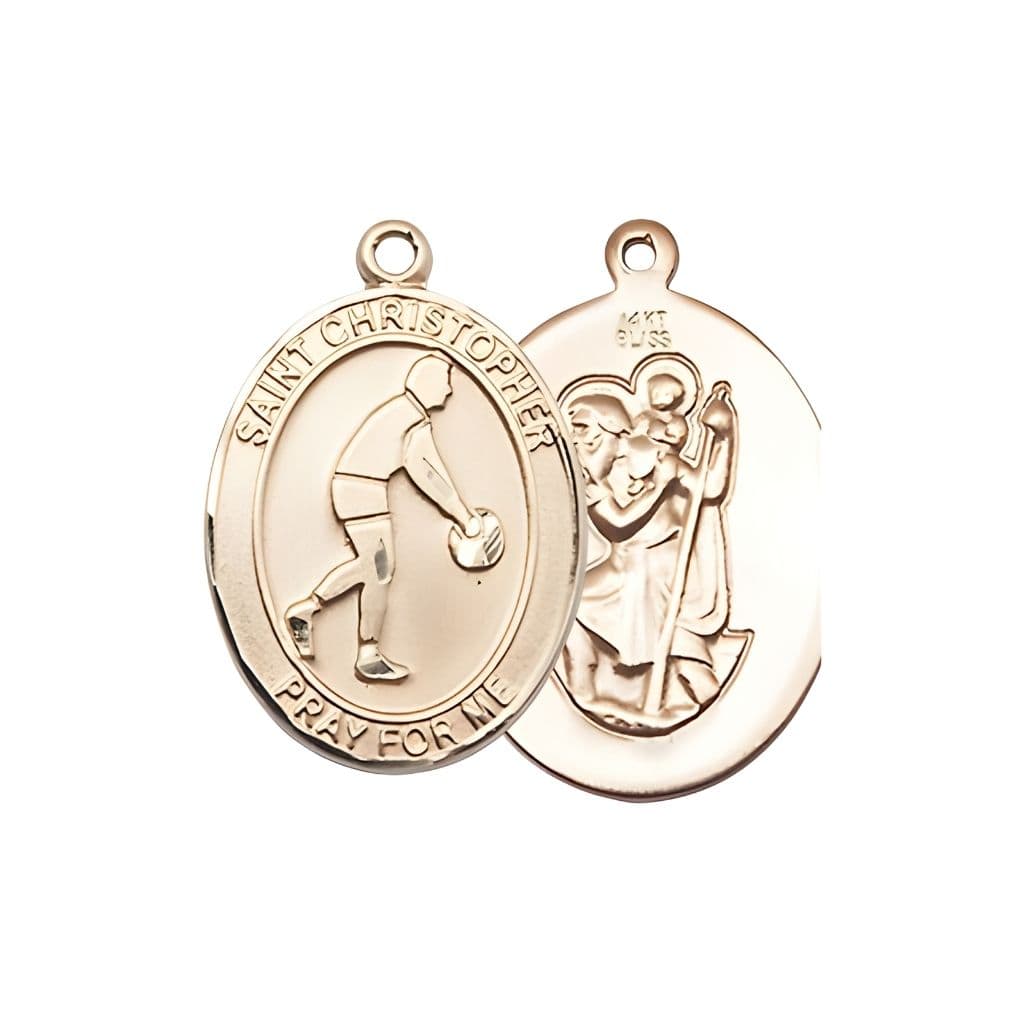 Bliss Basketball St. Christopher 14kt Gold Oval Medal Pendant, Measures 3/4-inch tall by 1/2-inch wide.