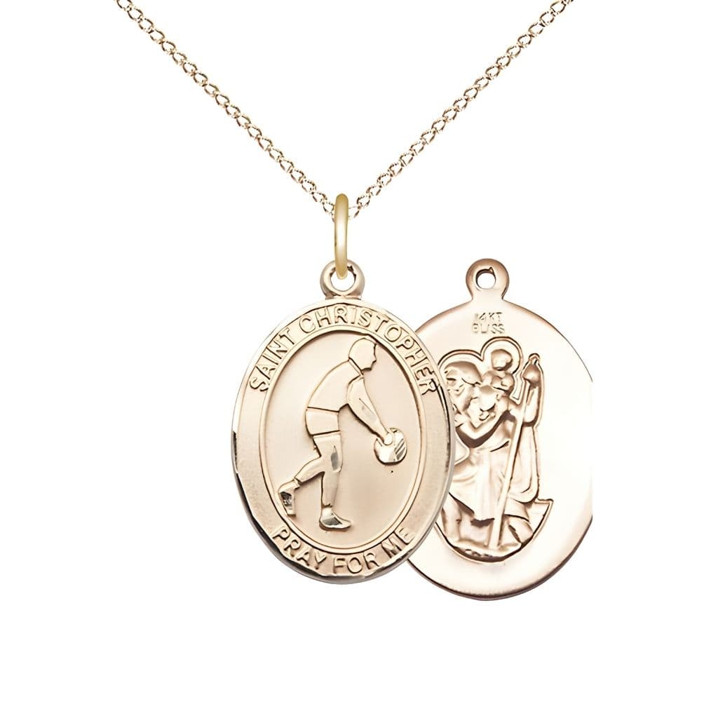 Bliss Basketball St. Christopher 14kt Gold Oval Medal Pendant with 14kt Gold Chain, Measures 3/4-inch tall by 1/2-inch wide.