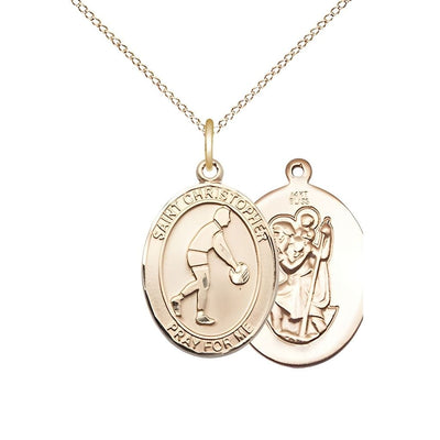 Basketball St. Christopher 14kt Gold Oval Medal Pendant with 14kt Gold Chain, Measures 3/4-inch tall by 1/2-inch wide, Bliss Manufacturing