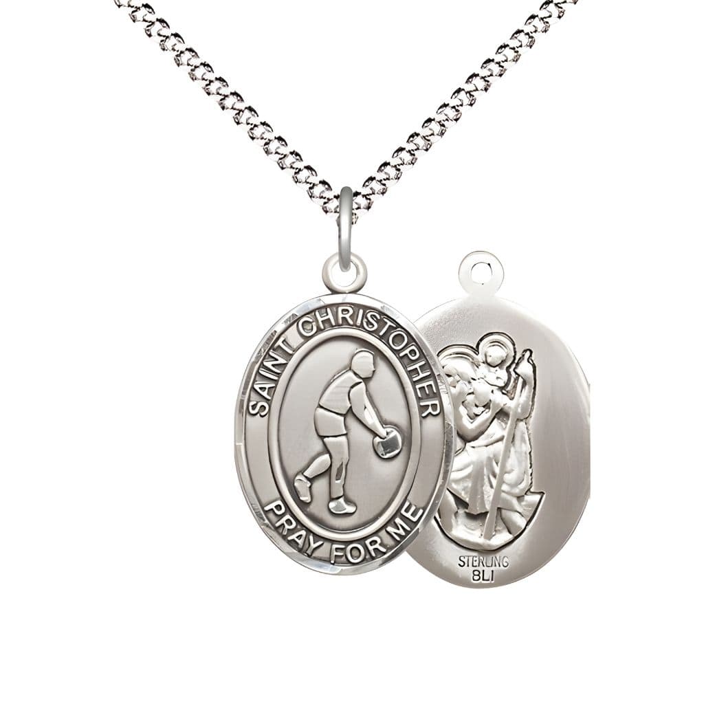 Bliss Basketball St. Christopher Sterling Silver Oval Medal Pendant with Rhodium-plated Chain, Measures 3/4-inch tall by 1/2-inch wide.
