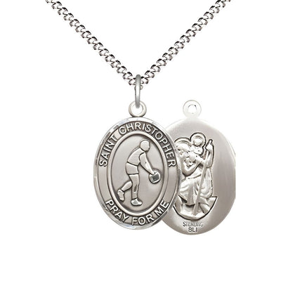 Basketball St. Christopher Sterling Silver Oval Medal Pendant with Rhodium-plated Chain, Measures 3/4-inch tall by 1/2-inch wide, Bliss Manufacturing