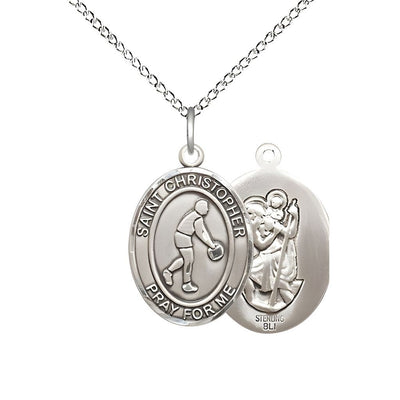 Basketball St. Christopher Sterling Silver Oval Medal Pendant with Sterling Chain, Measures 3/4-inch tall by 1/2-inch wide, Bliss Manufacturing
