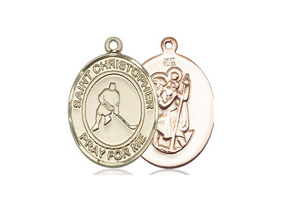 St Christopher Ice Hockey Catholic Patron Saint Medal, 14kt gold, Bliss Manufacturing