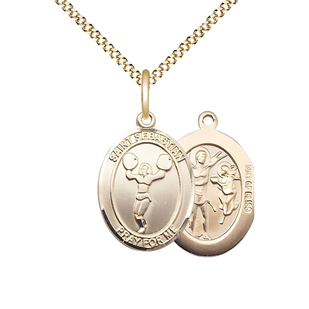 Bliss St. Sebastian Cheerleading 14kt Gold-filled Oval Medal with Gold-plated Chain in a Gift Box, Measures 1-inch tall by 3/4-inch wide.