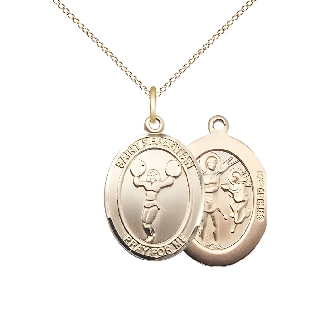 Bliss St. Sebastian Cheerleading 14kt Gold-filled Oval Medal with Gold-filled Chain in a Gift Box, Measures 1-inch tall by 3/4-inch wide.