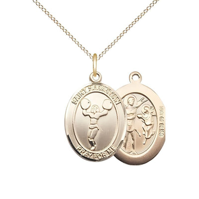 St. Sebastian Cheerleading 14kt Gold-filled Oval Medal with Gold-filled Chain in a Gift Box, Measures 1-inch tall by 3/4-inch wide, Bliss Manufacturing