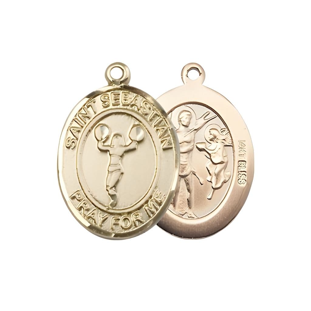 Bliss St. Sebastian Cheerleading 14kt Gold Oval Medal in a Gift Box, Measures 1-inch tall by 3/4-inch wide.