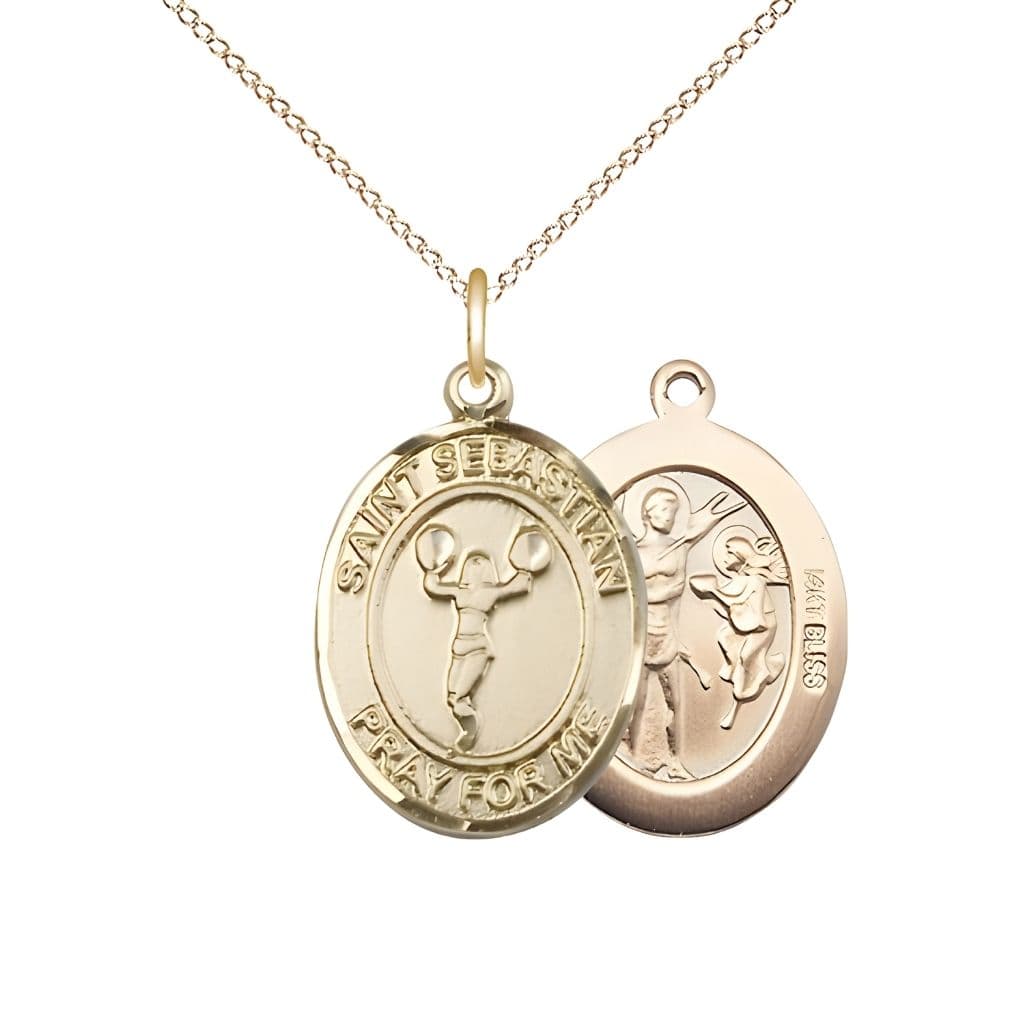 Bliss St. Sebastian Cheerleading 14kt Gold Oval Medal with 14kt Gold Chain in a Gift Box, Measures 1-inch tall by 3/4-inch wide.