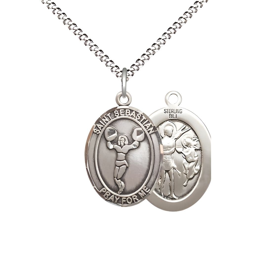 Bliss St. Sebastian Cheerleading Sterling Silver  Oval Medal with Plated Chain in a Gift Box, Measures 1-inch tall by 3/4-inch wide.