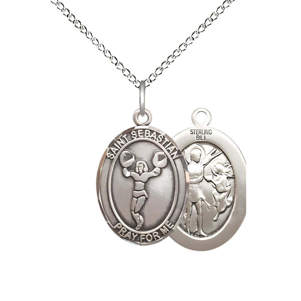 Bliss St. Sebastian Cheerleading Sterling Silver  Oval Medal with Sterling Silver Chain in a Gift Box, Measures 1-inch tall by 3/4-inch wide.