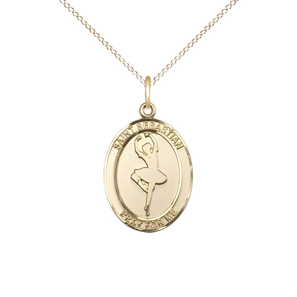St. Sebastian Ballerina Dance 14kt Gold Oval Medal with14kt Gold Curb Chain, Measures 3/4-inch x 1/2-inch, Made in USA by Bliss