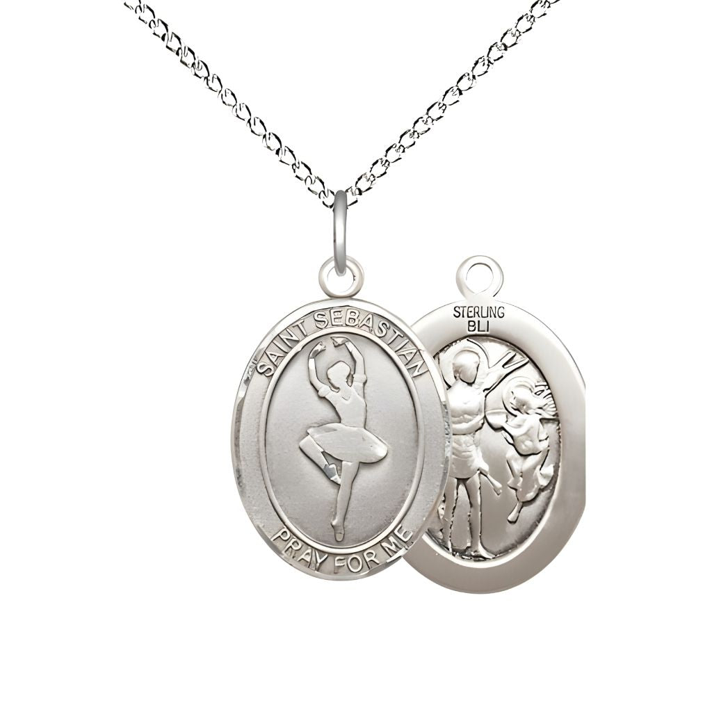 St. Sebastian Ballerina Dance Sterling Silver Oval Medal with Sterling Silver Curb Chain, Measures 3/4-inch x 1/2-inch, Made in USA by Bliss