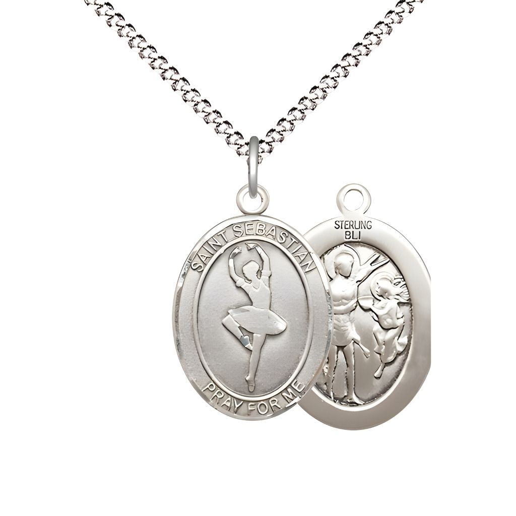 St. Sebastian Ballerina Dance Sterling Silver Oval Medal with Plated Curb Chain, Measures 3/4-inch x 1/2-inch, Made in USA by Bliss