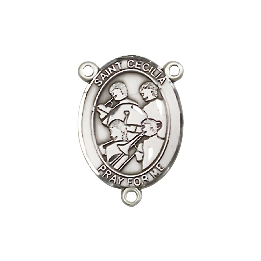 Bliss St. Cecilia Marching Band Engravable Rosary Centerpiece, Measures 3/4-inch by 1/2-inch, available in pewter, sterling silver, 14kt gold-filled and 14kt gold.